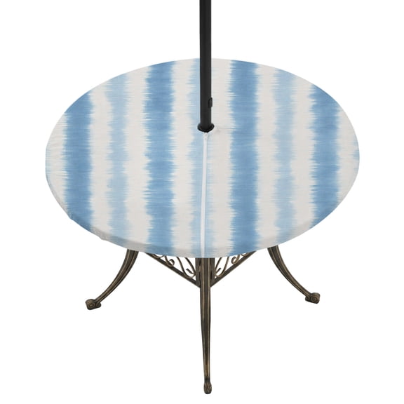 Round Outdoor Tablecloth with Umbrella Hole and Zipper, Blue Striped Tablecloth with Elastic Waterproof, Watercolor Abstract Vertical Stripes Ombre Patio Table Covers for 36" - 44" Pool Tables