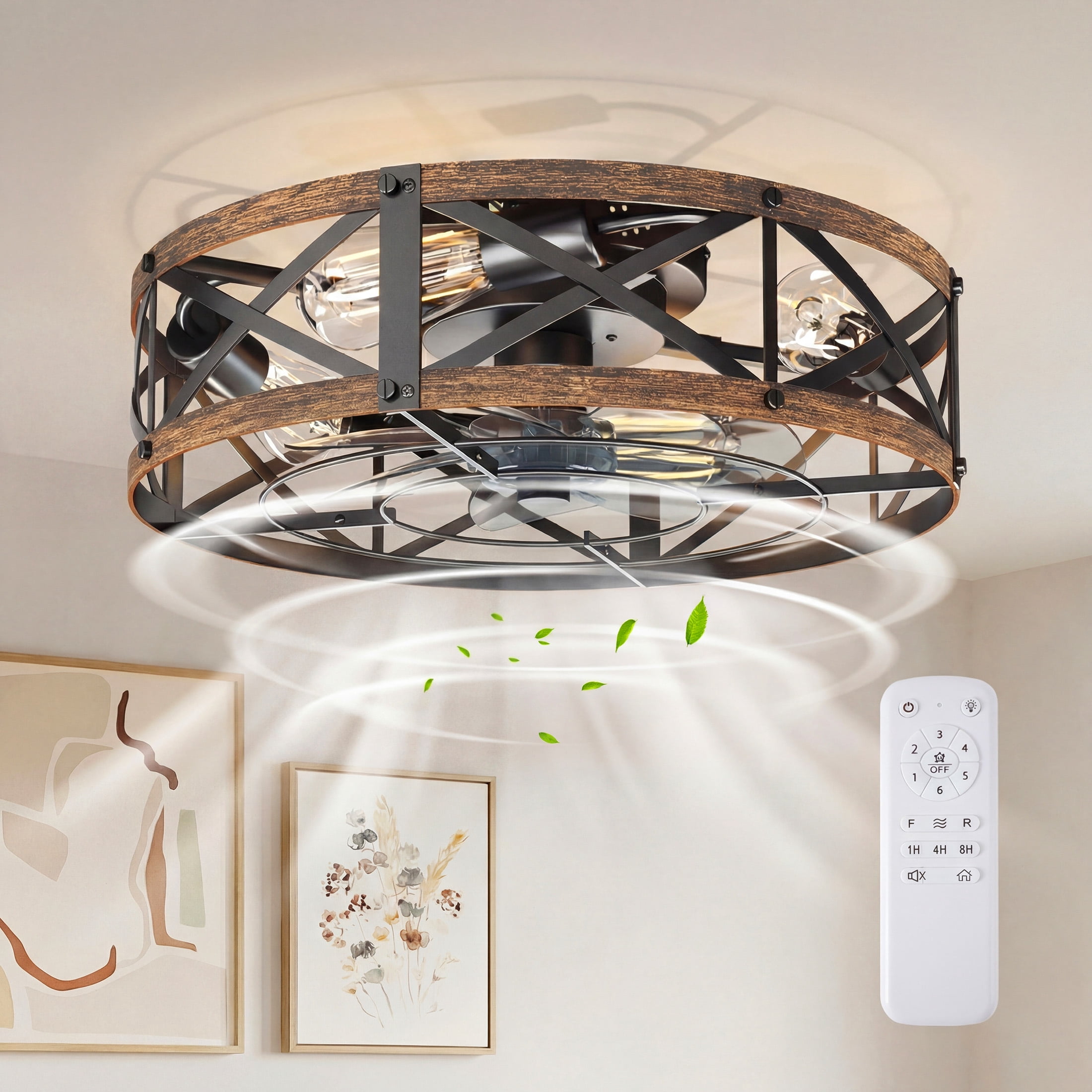 edx 19" Farmhouse Flush Mount Ceiling Fan with Light & Remote, Reversible Blades, Bladeless Safety Cage, 6 Speeds, 8H Timer, Rustic Low Profile Ceiling Fan for Bedroom Kitchen Living Room, Gold