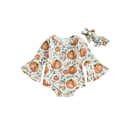 

Qtinghua Newborn Baby Girl Halloween Clothes Pumpkin Floral Print Flare Long Sleeve Romper Bodysuit Jumpsuit Headband Outfits White 3-6 Months