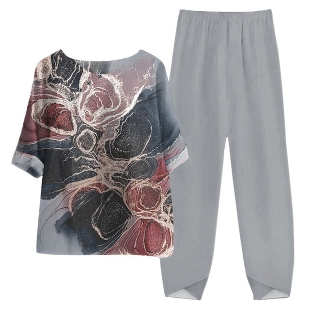 CHOK Ensembles en Lin pour Femmes Imprimé Floral Vintage Été Manches Mi-Longues Bouton Col Rond T-Shirt Graphique avec Pantalon Long Ensemble Deux Pièces Détente Jaune L