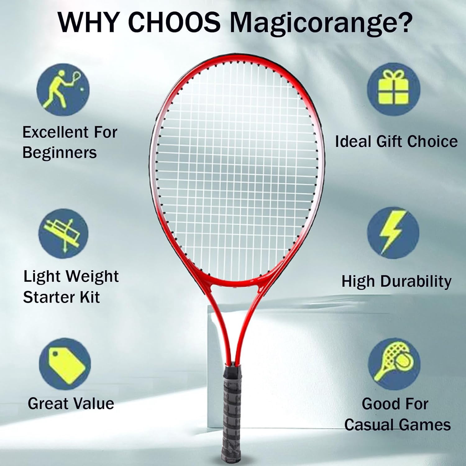 Magicorange Tennis Racket Set of 2 for Adult, 27 inch Length for Beginners and Professional with 4 Balls, 3 Overgrips, 1 Trainer, 1 Tennis Bag (Red)