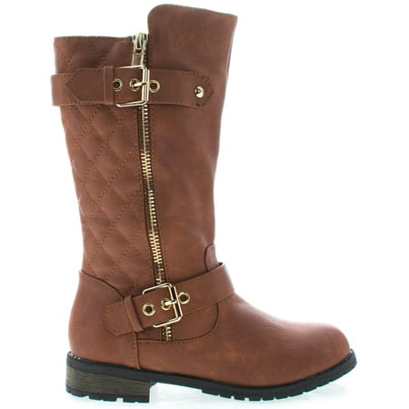Oneal Motorcycle Boots New Kids Girls Dual Buckle/Zipper Quilted Mid Calf Motorcycle Riding Boots (Camel-May14K-11 Little Kid) ()