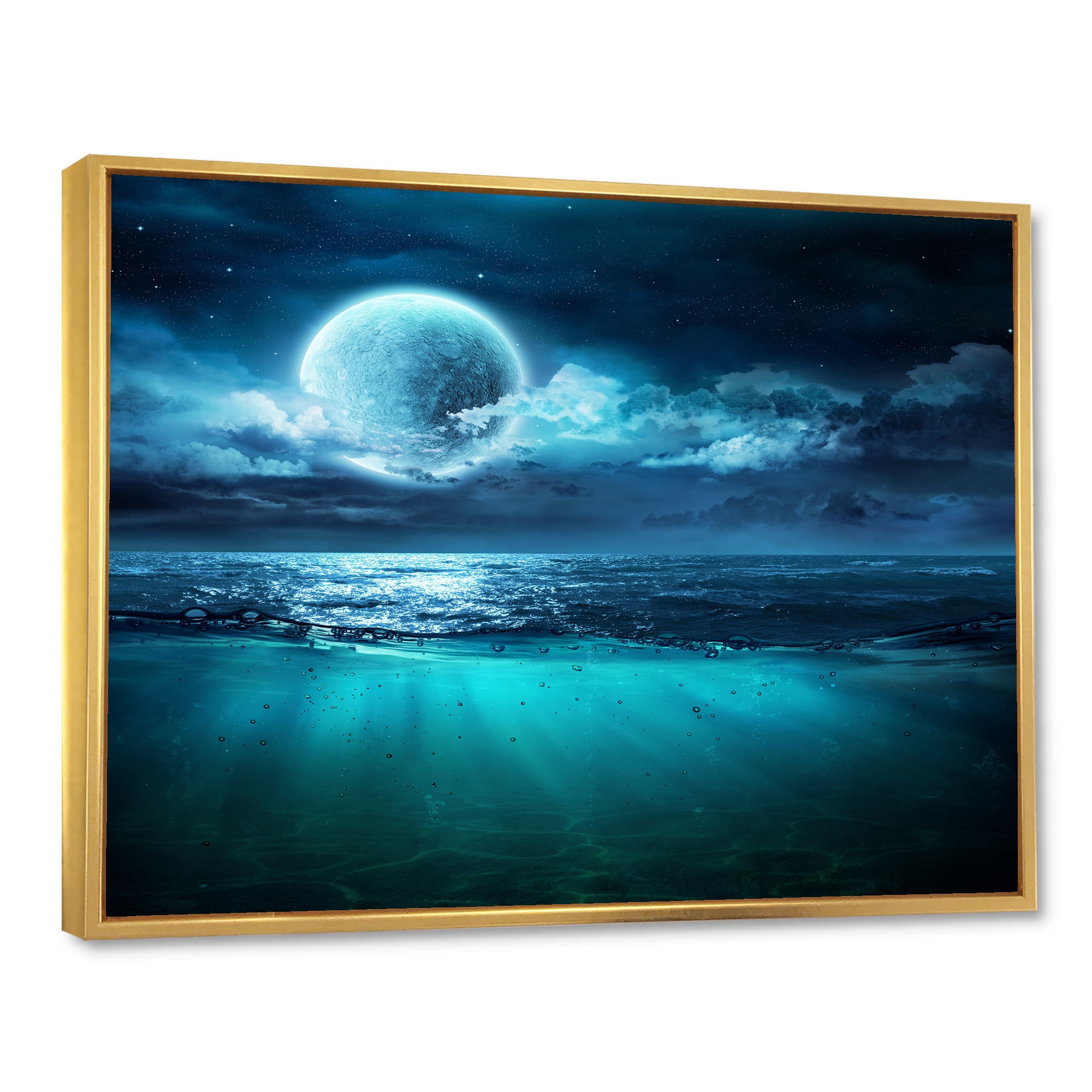 Designart 'Romantic Moon and Clouds Over Deep Blue Sea II' Nautical & Coastal Framed Canvas Wall Art Print