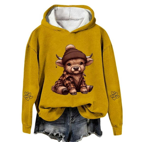 Telankuip Oversized Highland Cow Print Sweatshirts for Women 2025 Christmas Long Sleeve Comfort Pullovers Hoodies Fall Fashion Loose Hooded Tops Winter Workout Hoodies Yellow XL