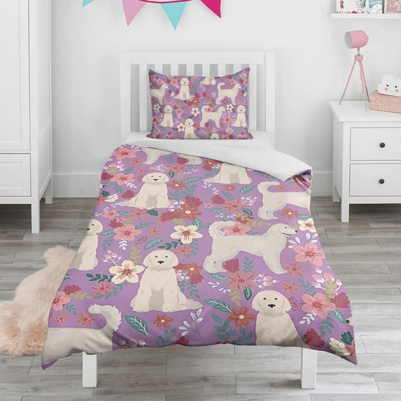 Goldendoodle Dog and Flower Floral Duvet Cover and Pillowcase Set for Single Bedding, Bedroom Accessories for Kids Teens