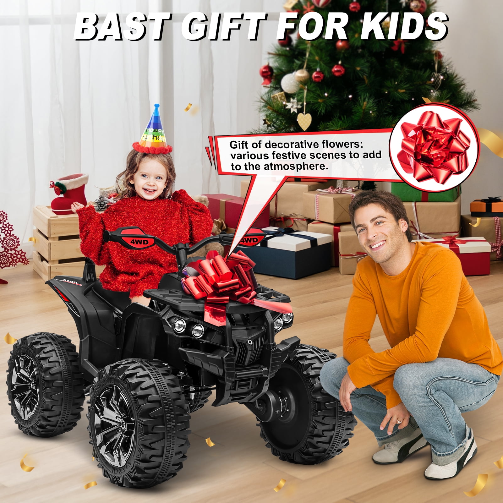 800W Dirt Quad w/ Remote Control - 24V Powered Ride on ATV, Electric Powerful 4-Wheeler for Big Kids, Up to 5.5 mph, Knee Pads, Black