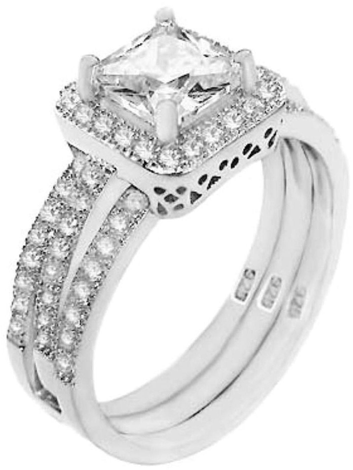 1.25 ct Princess cut Halo Bridal Wedding ring designer 2 Piece Set .925 Silver 