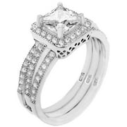 1.25 ct Princess cut Halo Bridal Wedding ring designer 2 Piece Set .925 Silver