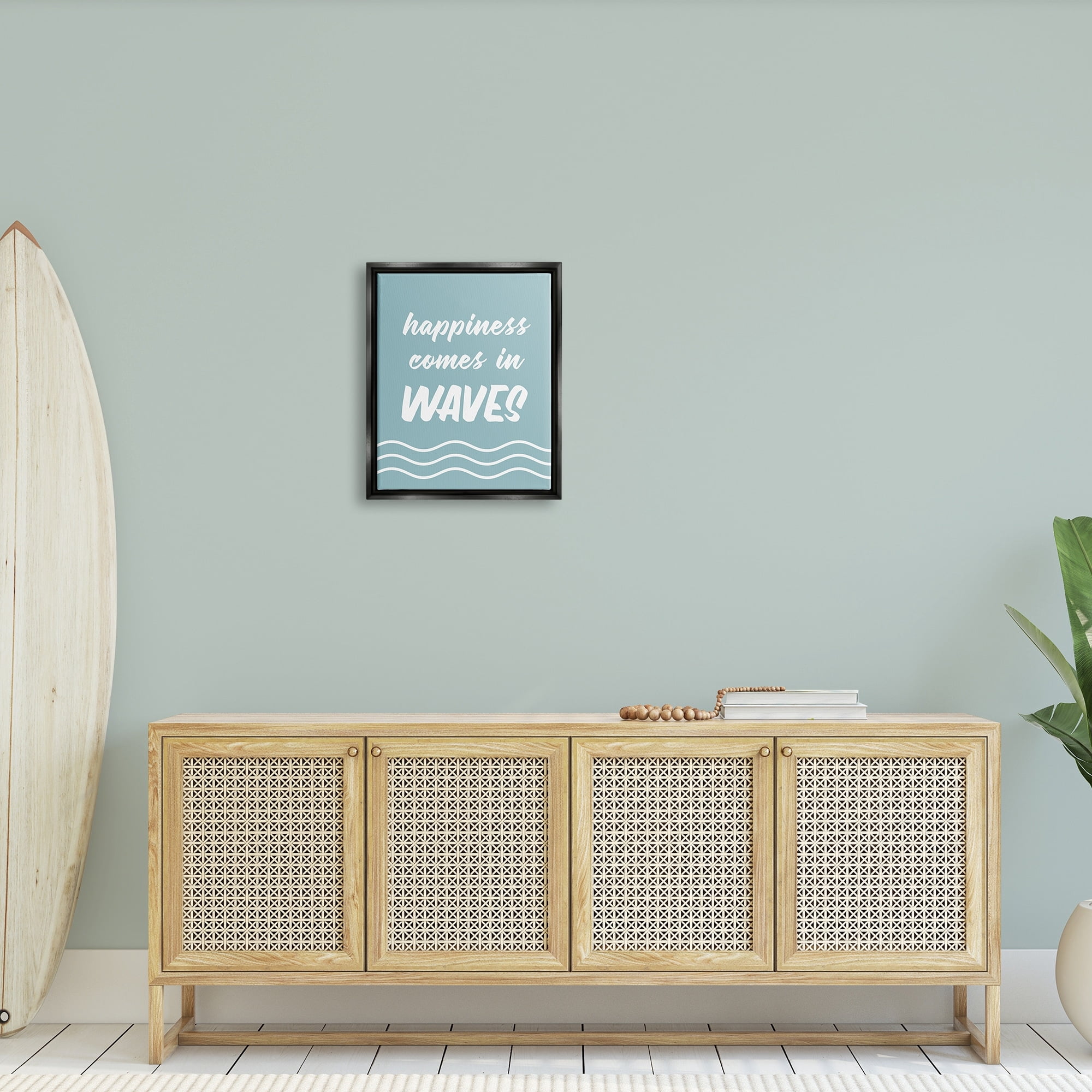 Stupell Industries Happiness Beach Water Waves Uplifting Cursive Phrase Graphic Art Jet Black Floating Framed Canvas Print Wall Art, Design by Lettered and Lined