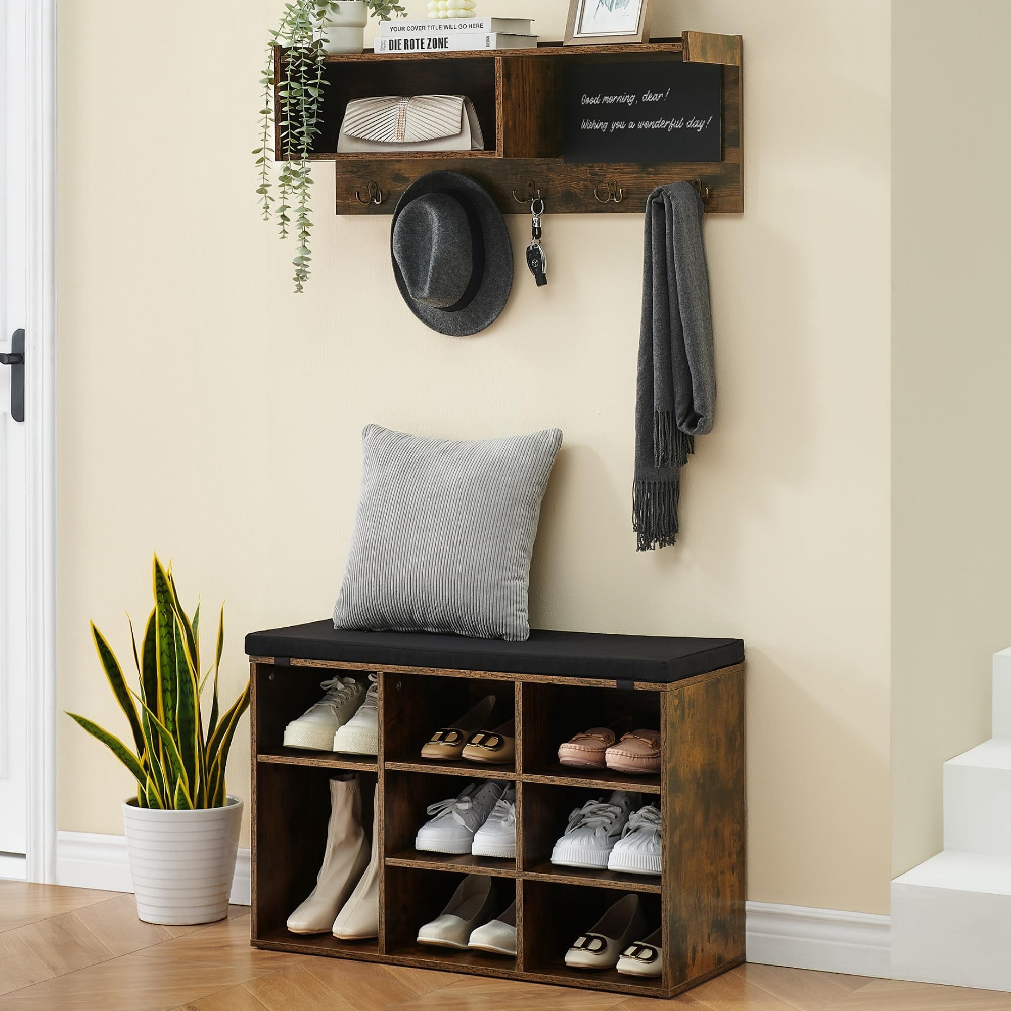 TROPOW Hall Tree Shoe Bench Industrial 6 in 1 Coat/Shoe Rack with 5 Hooks, 9 Storage Cubbies with Bookshelf and Small Blackboard, for Entryway, Hallway, Living Room (Brown, 31.5 inch)