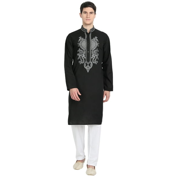 SKAVIJ Kurta Pajama Set for Men Long Sleeve Cotton Party Dress Black XL