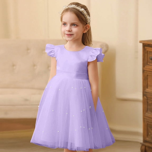 CAIVO Kids Girls Dress Gown O-Neck Solid Color Party Formal Wear Tutu Dresses Summer Fly Sleeve Classic Sundress