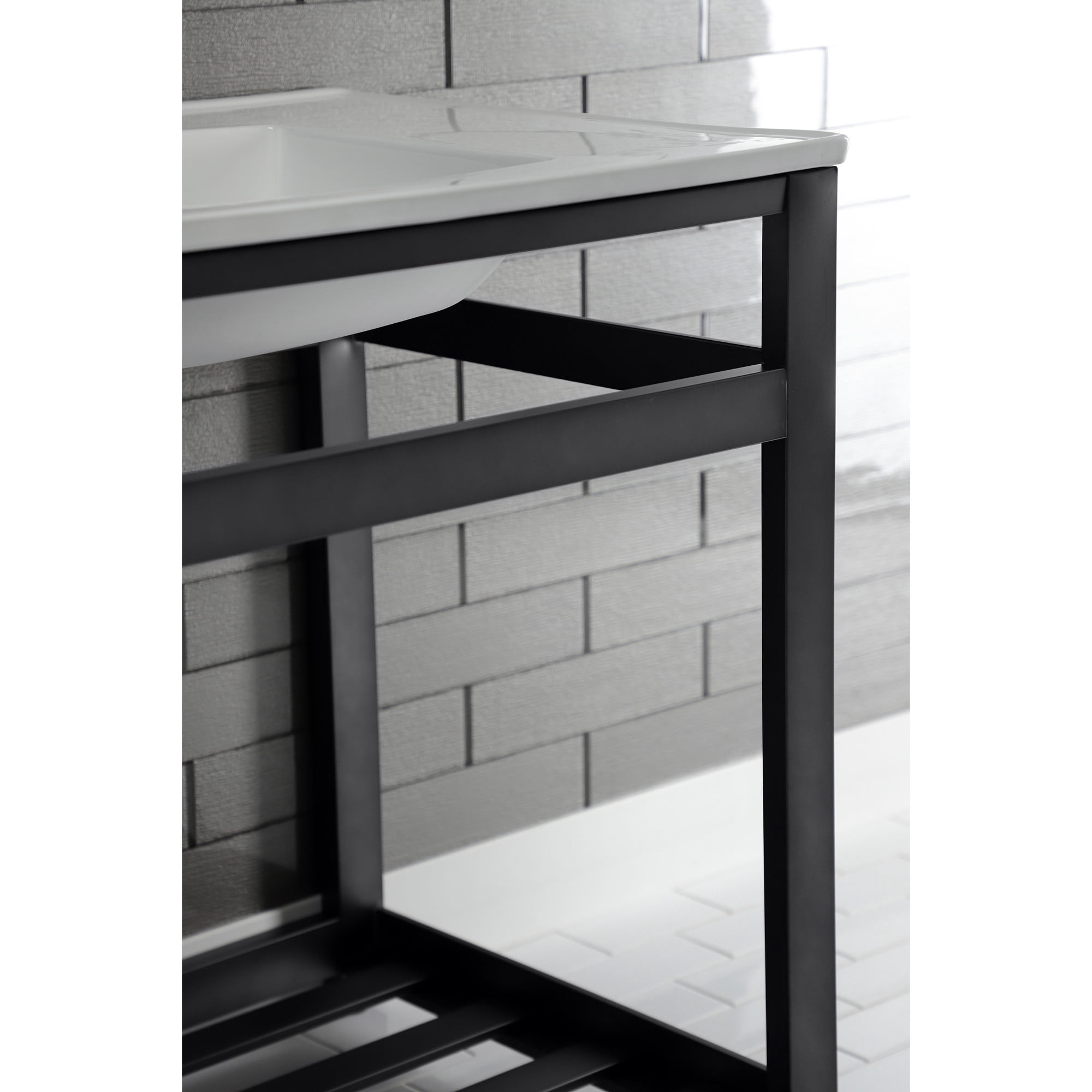 Kingston Brass VWP3122W4A0 Quadras 31" Ceramic Console Sink with Steel Base and Shelf (4-Inch, 3-Hole), White/Matte Black
