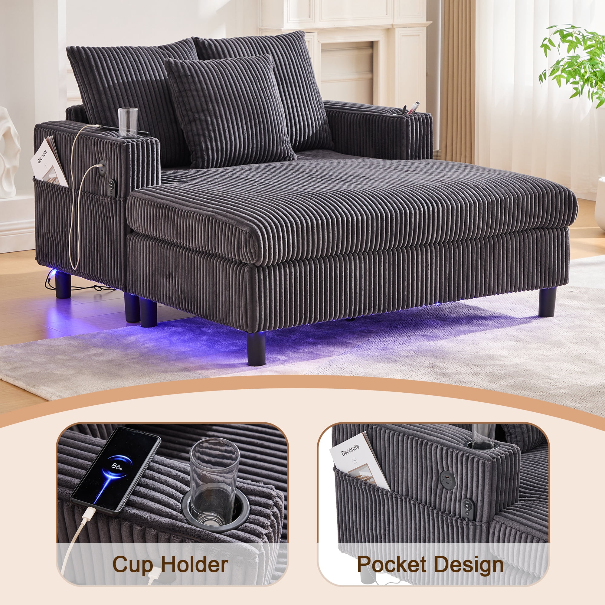 MOONMISS Corduroy Upholstered Oversized RGB LED Light Recliner Sofa Bed with Cup Holder,USB&3 Pillows-Dark Grey