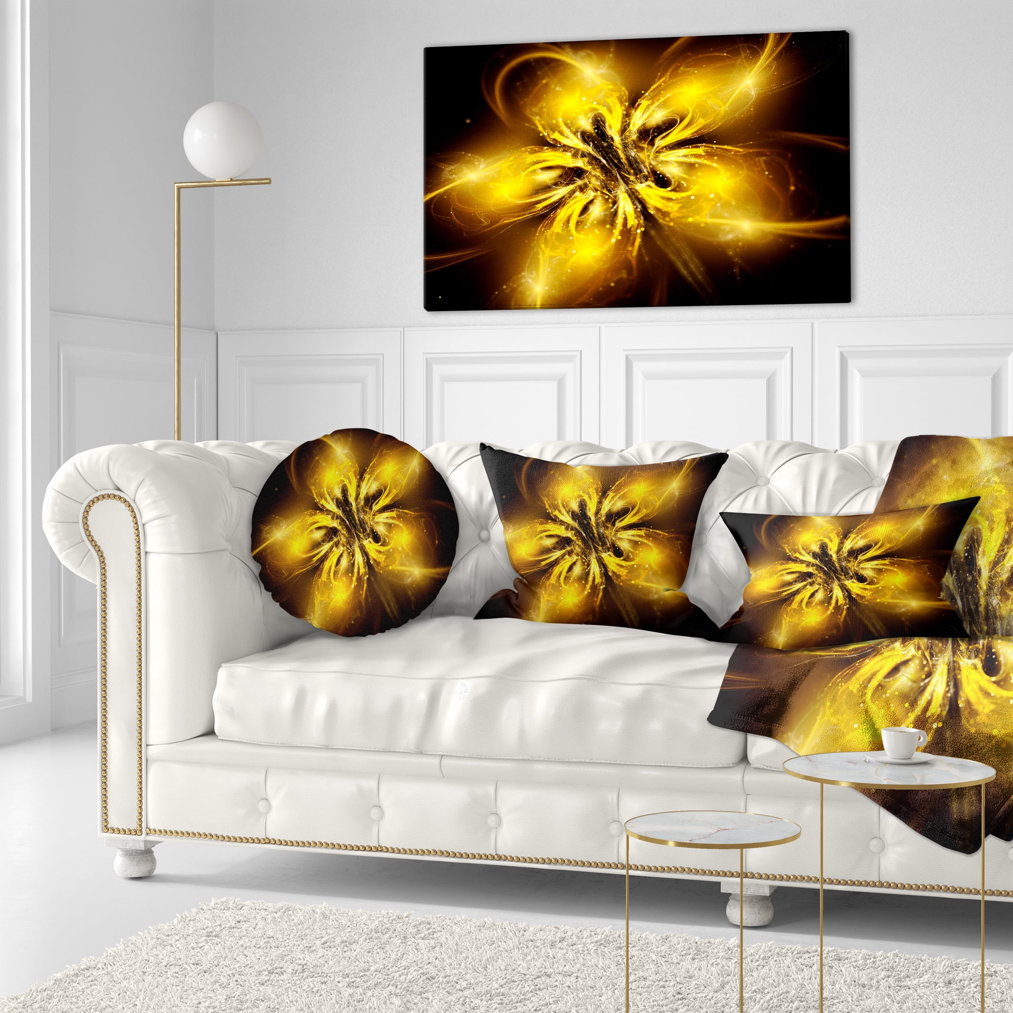 Designart Shiny Gold Fractal Flower on Black - Floral Throw Pillow - 12x20