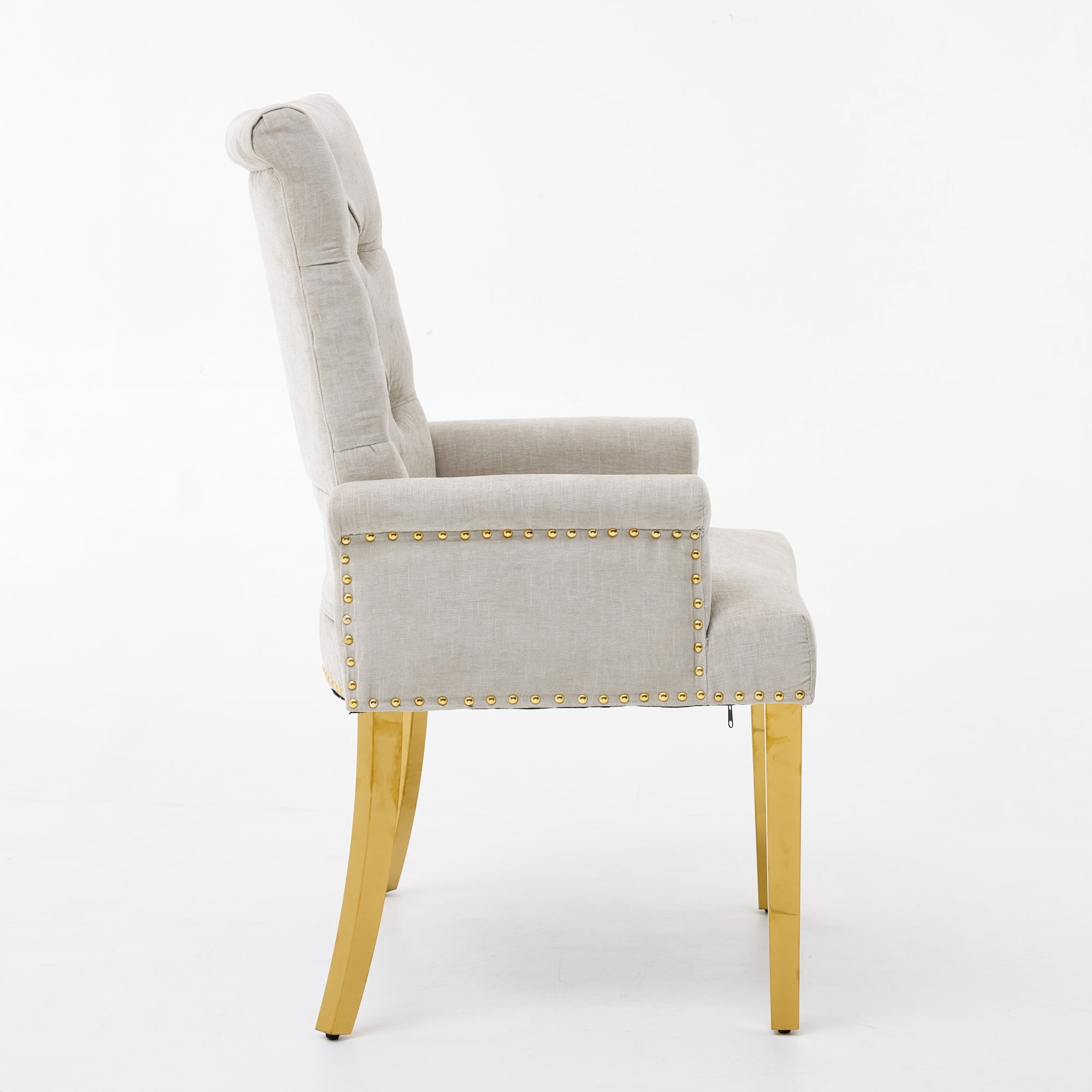 GARITIN Upholstered Dining Chair with Arms, Tufted Button High Back Accent Chair with Nailhead Trim and Stainless Steel Legs, Beige & Gold