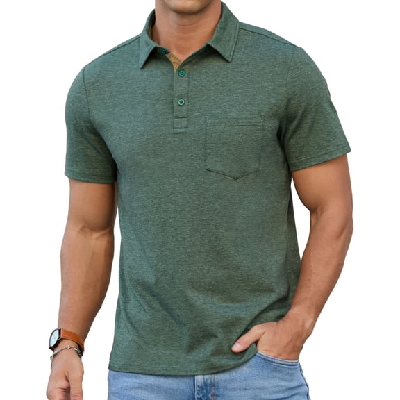 QDG Mens Polo Short with Pocket-Short Sleeve Casual Button Golf Polo,Slim Fit Collared T-ShirtGreen L