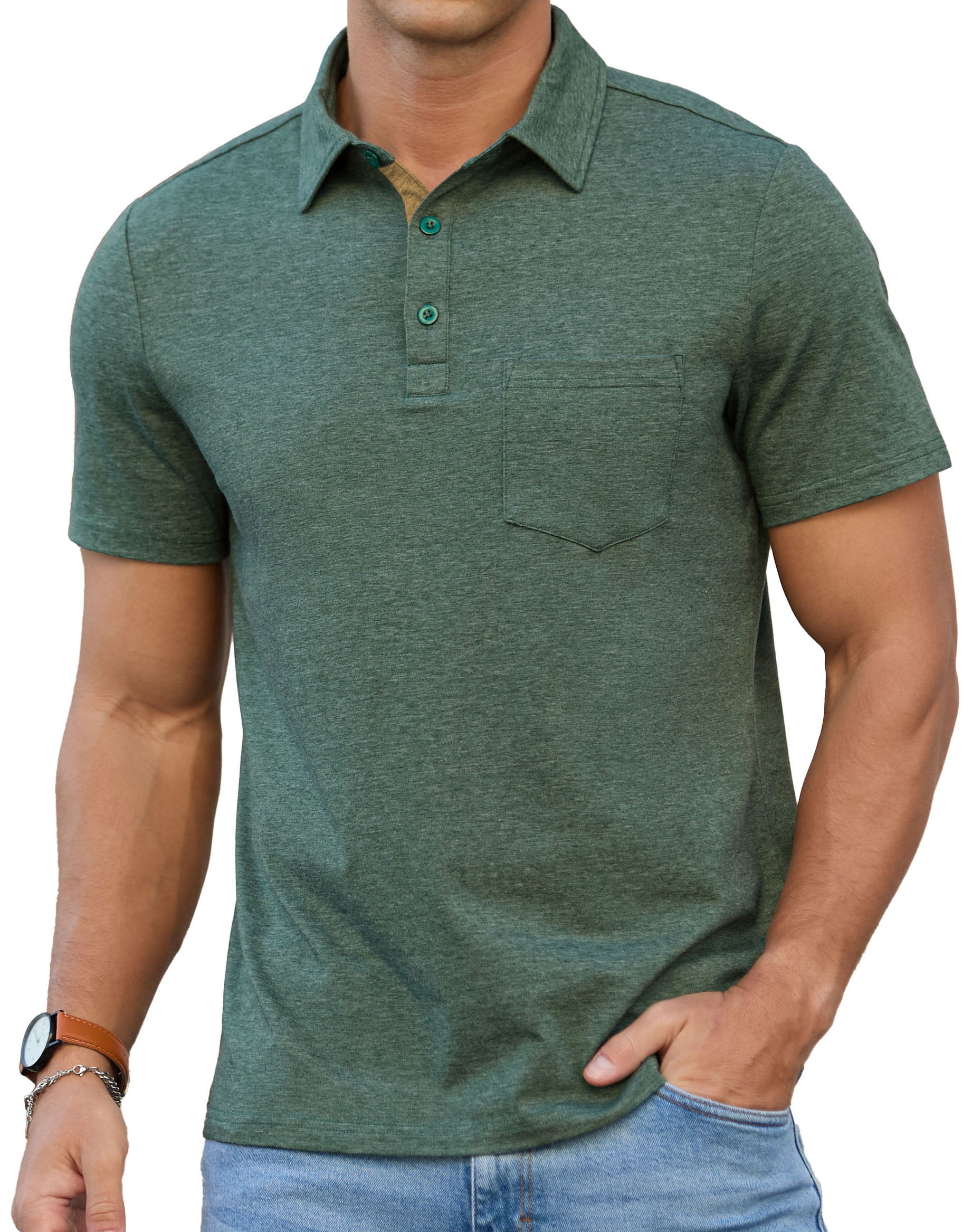 QDG Men's Cotton Polo Shirt with Pocket in Green photo 1