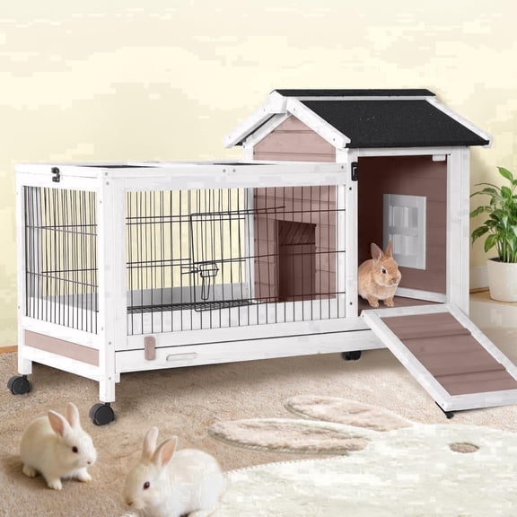 Aivituvin Rabbit Hutch Indoor and Outdoor, Wooden Rabbit Cage with Wheels, Mobile Bunny House with Leakproof Tray and Removable Wire Floor, Guinea Pig Cage with Run (Brown)
