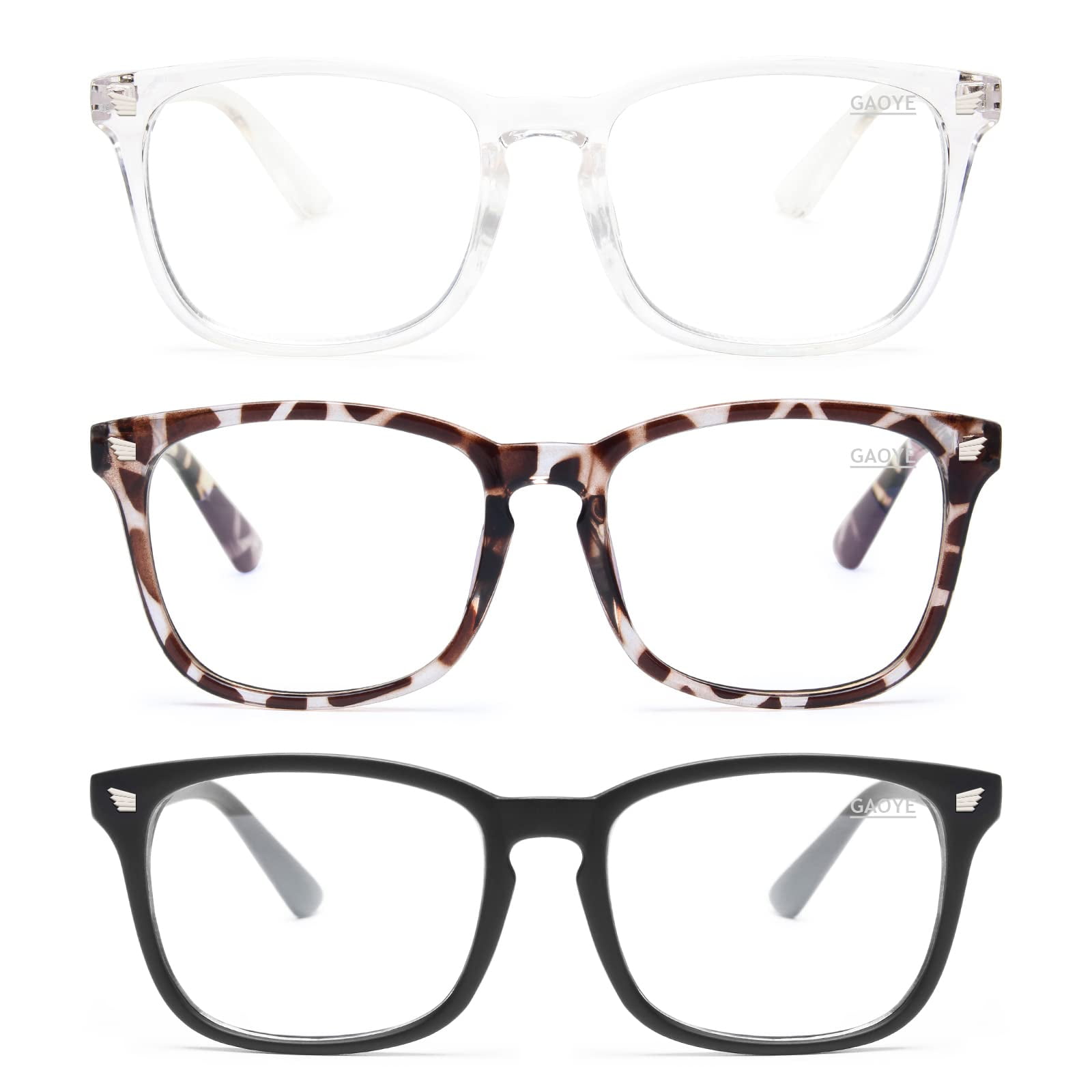 Blue Light Blocking Glasses - 3 Pack Fashion Square Eyeglasses,Anti UV Ray Computer Gaming Glasses,Blue Blockers Glasses for Women/Men,Matte Black+Leopard+Transparent