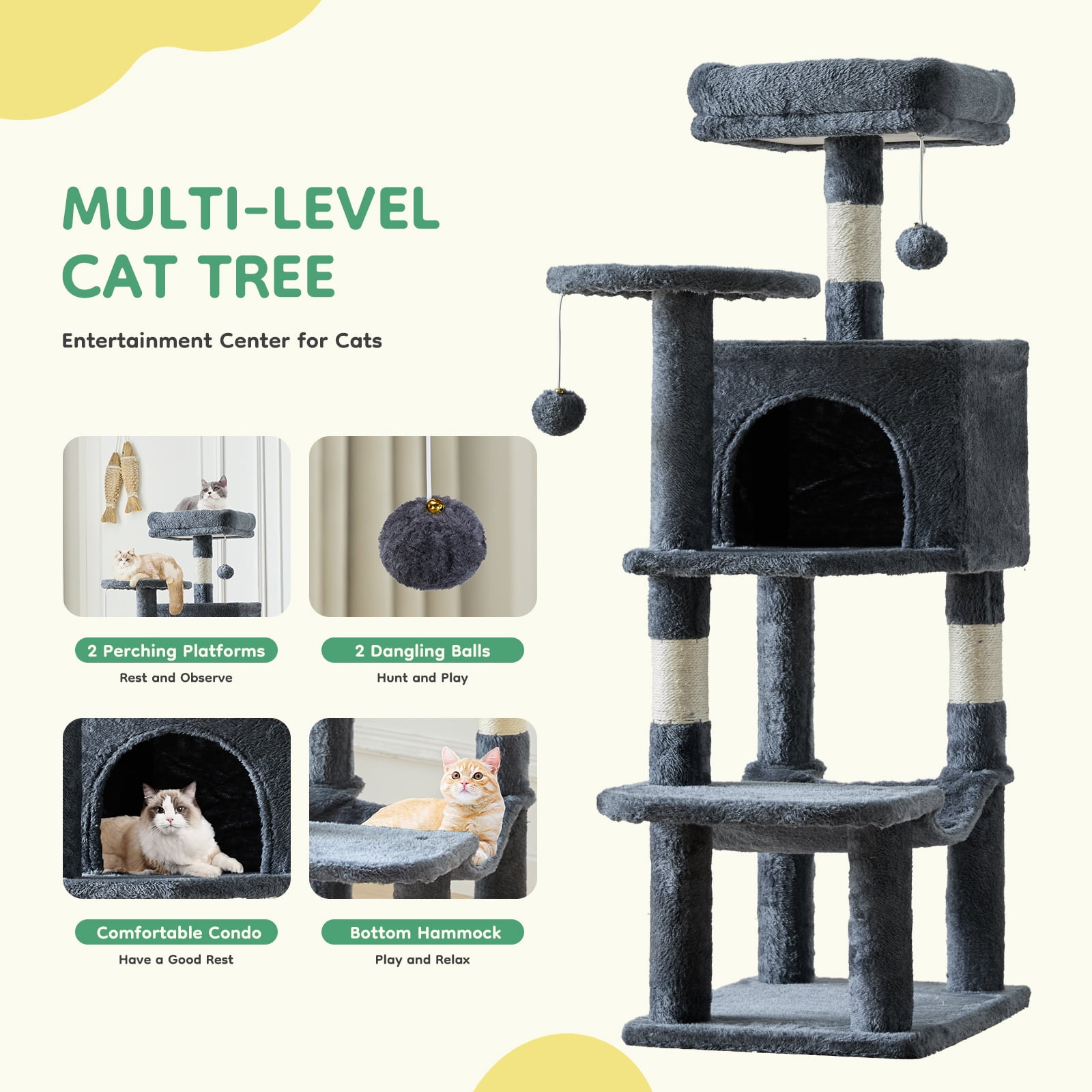 CONCETTA 44in Multi Level Cat Tree Tower,Cat Scratching Posts with Large Top Perch and Hammock,Gray