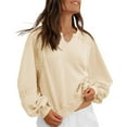 thumbnail image 2 of Women's V-Neck Lace Detail Sweatshirt, Soft Puffed Sleeve Pullover Top with Ribbed Trim, Cropped Casual Loose Fit Tops for Fall Fashion and Daily Comfort Wear Beige L, 2 of 5