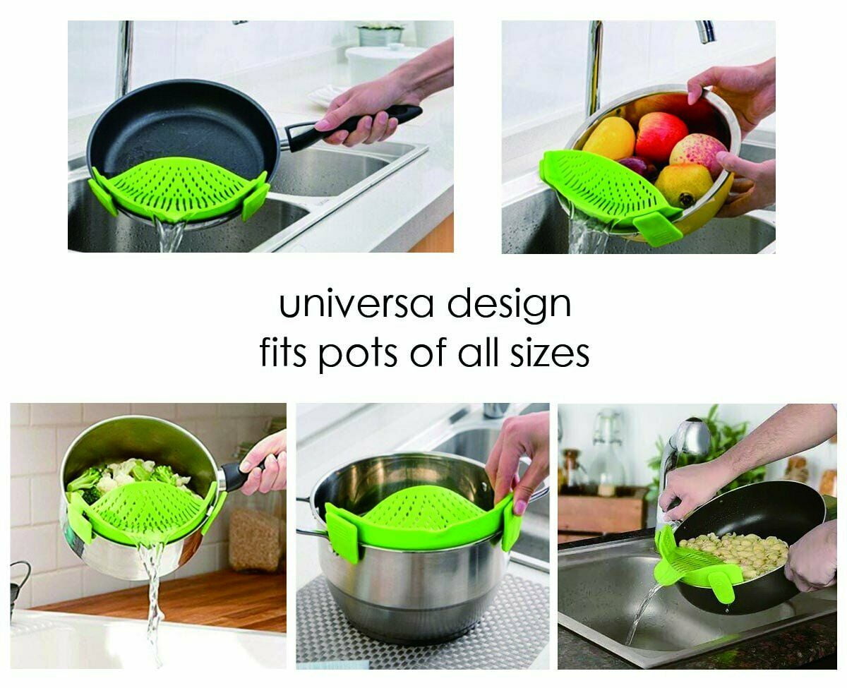 Silicone Pasta Pans with Strainer Fit Most Pots, Food Strainer with 2 Clips  for Pasta, Clip on Food Strainer for Kitchen, Spaghetti, Muzpz Smart Cool  Kitchen Gadgets Small Colander 