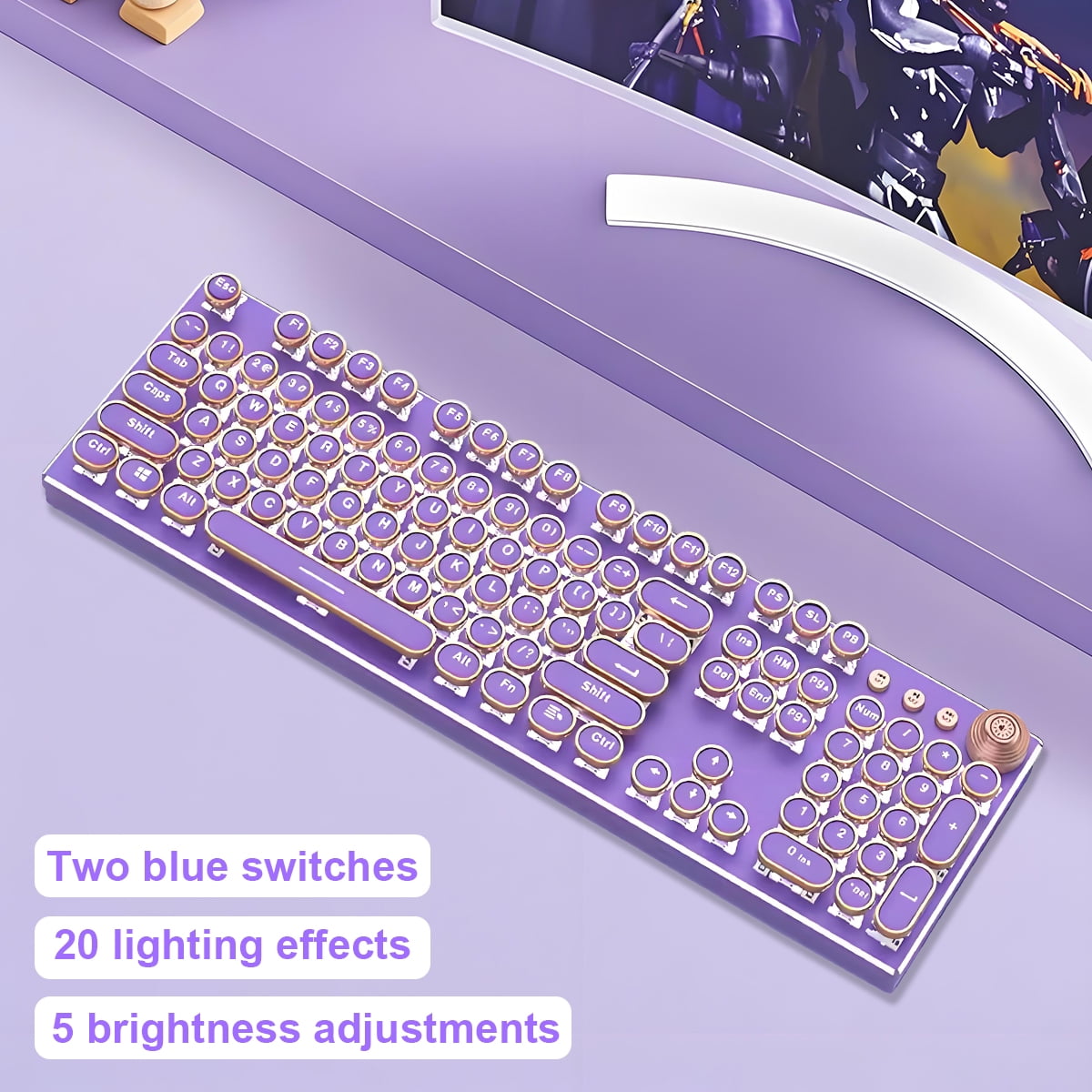 Hnjugfe Typewriter Style Mechanical Gaming Keyboard, Wired Mechanical Keyboards,104 Keys Backlit LED Keyboards, Media Control Knob, Wired Computer Keyboard Pink Switch for Windows/Mac/PC-Purple