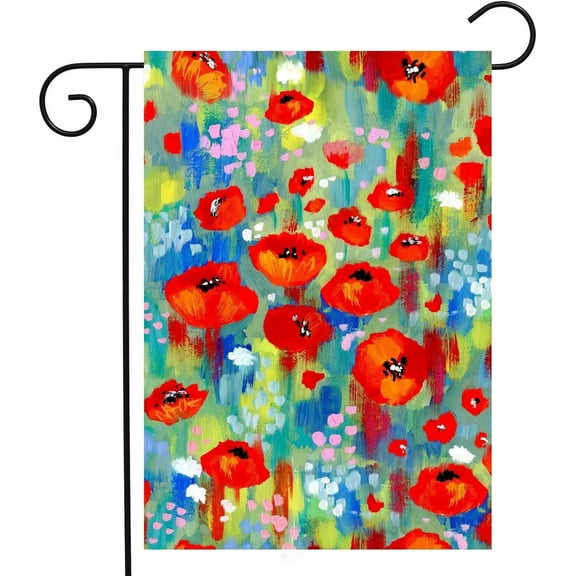 Abstract Colorful Flowers Poppies in Green Grass Spring Summer Seasonal Garden Yard Flag 12"x 18" Double Sided Polyester Welcome House Flag Banners for Patio Lawn Outdoor Home Decor