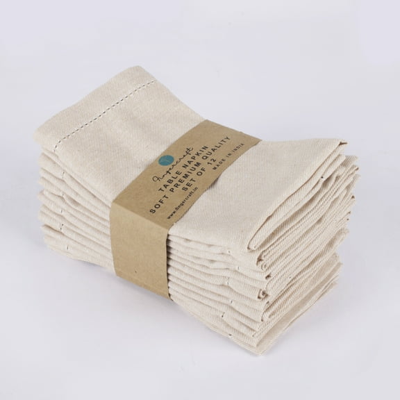 Fingercraft Dinner Cloth Napkins, 100% Cotton Hemstitched Table Napkins, 20in, 12 Pack, Ivory White