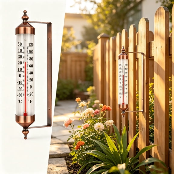 Waterproof Outdoor Thermometer, Built-in Red-Filled Glass-Stem, 10 Inch Adjustable Angle, Decorative Metal Thermometers for Patios, Homes and Gardens