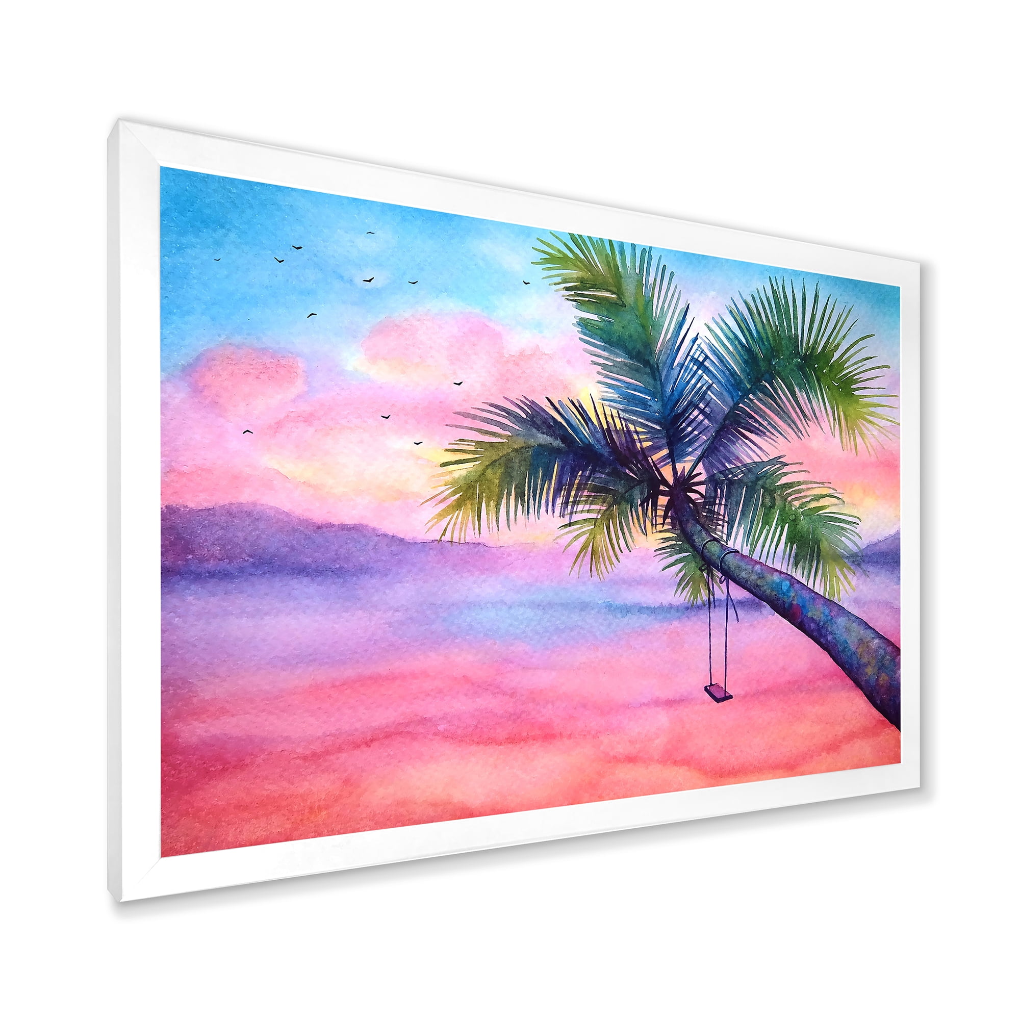 Designart 'Vivid Sunset Landscape With Swing and Palm' Nautical & Coastal Framed Art Print