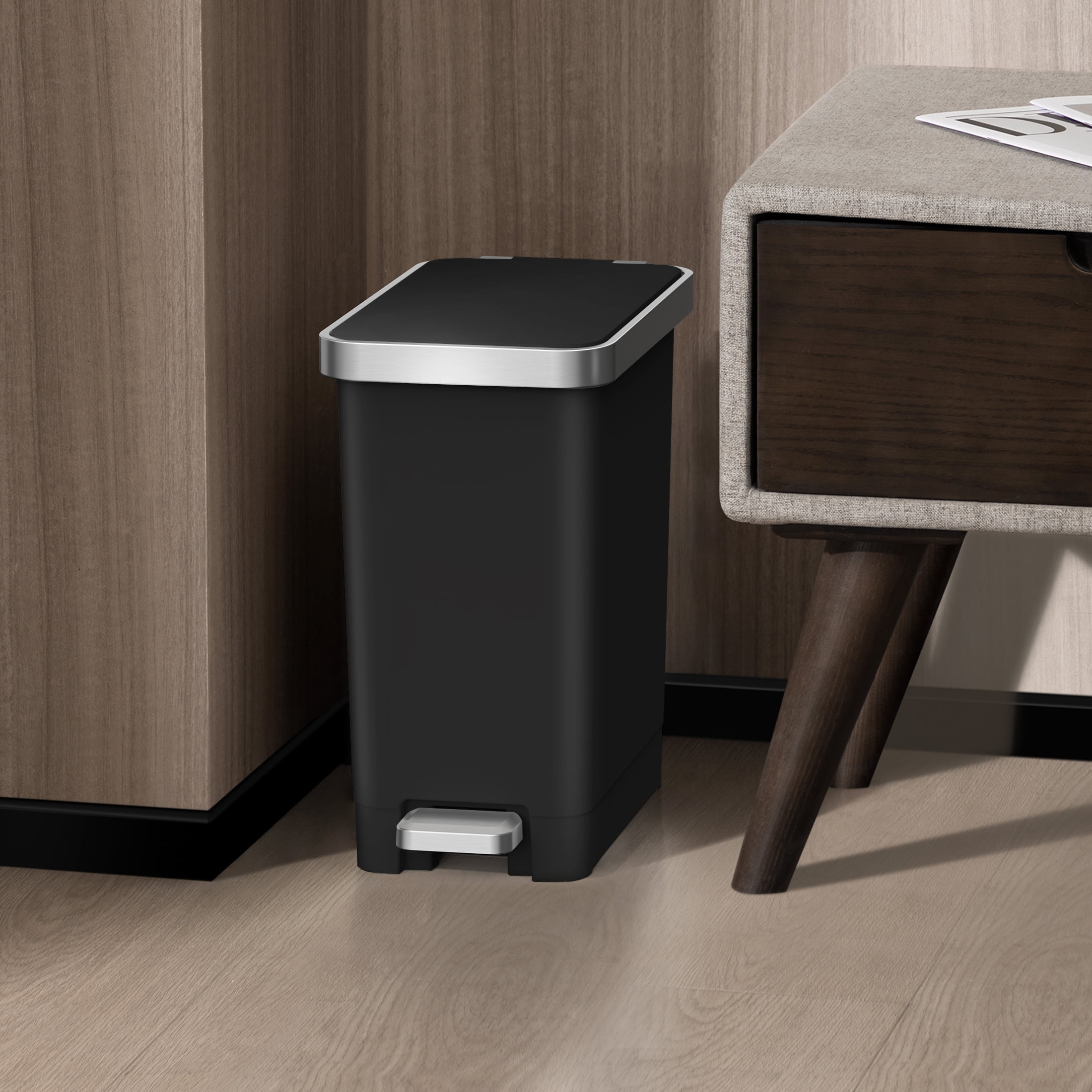 (2 pack) Better Homes & Gardens Bedroom / Office Trash Can, 2.5 Gallon Small Plastic Step Garbage Bucket Bin with Soft Close Lid, Black