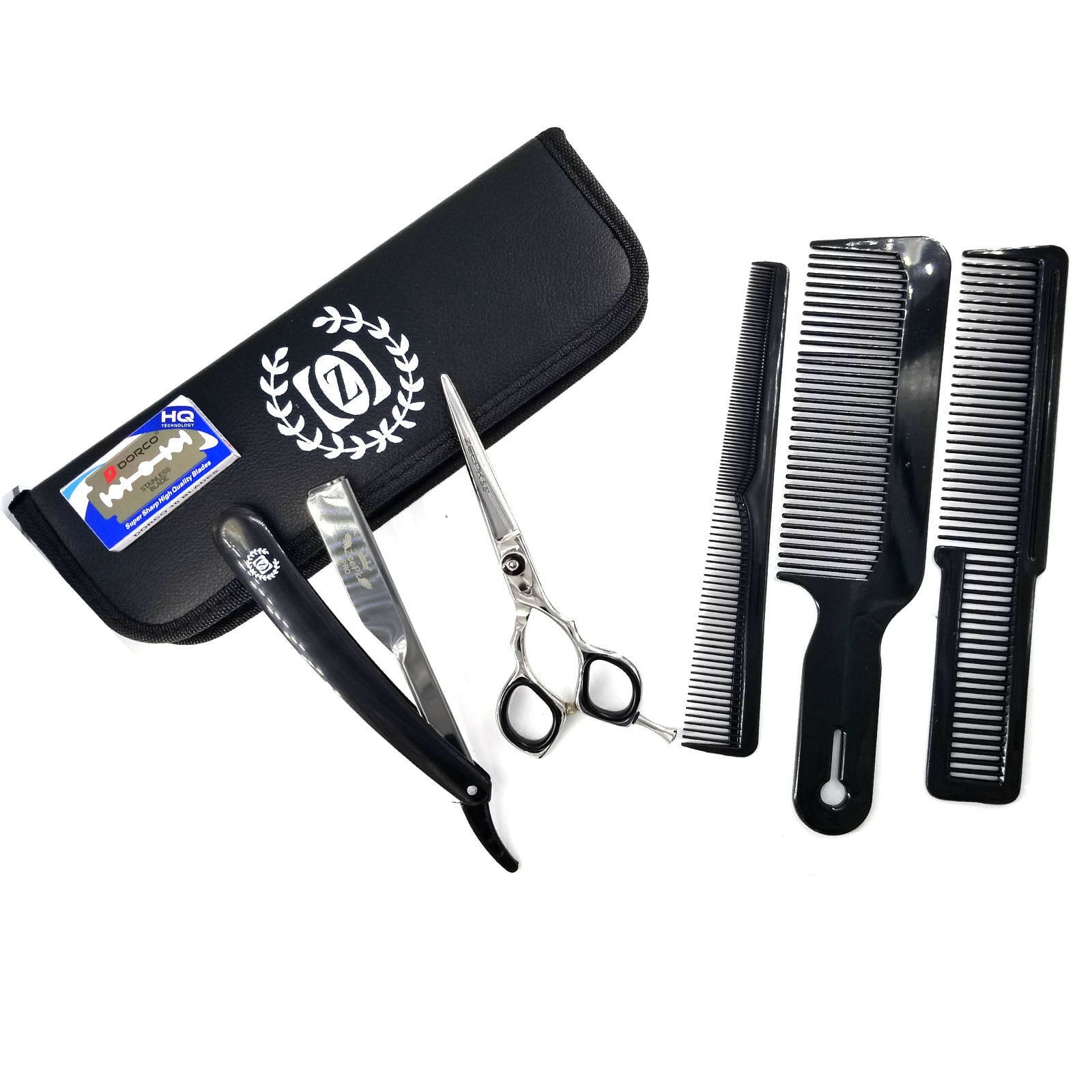 5.5 Inch Shears Set w/ Barber Razor Wet Shave Close Cut Hair Thinning