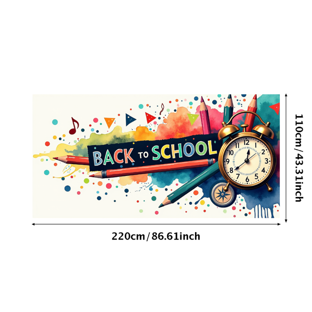 Colorful Back to School Themed Banner with Alarm Clock Pencils and Compass Background Decorations for School Events Classroom Decorations Photo Props and Party Supplies