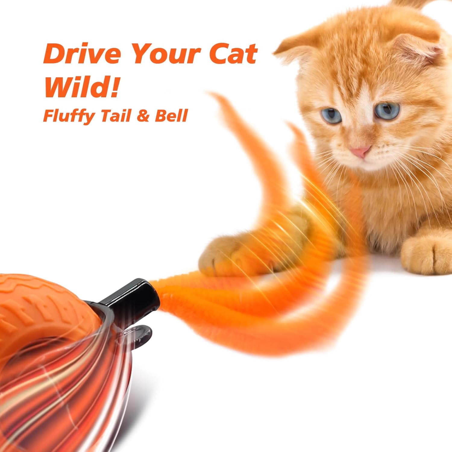 2Pcs Interactive Cat Toy for Indoor Cats, Speedy Ball with Tail, Automatic Moving Cat Balls for Bored Indoor Adult Cats, 360°Automatic Rolling Ball Toy, Two Speed Adjustment（Orange&Blue）