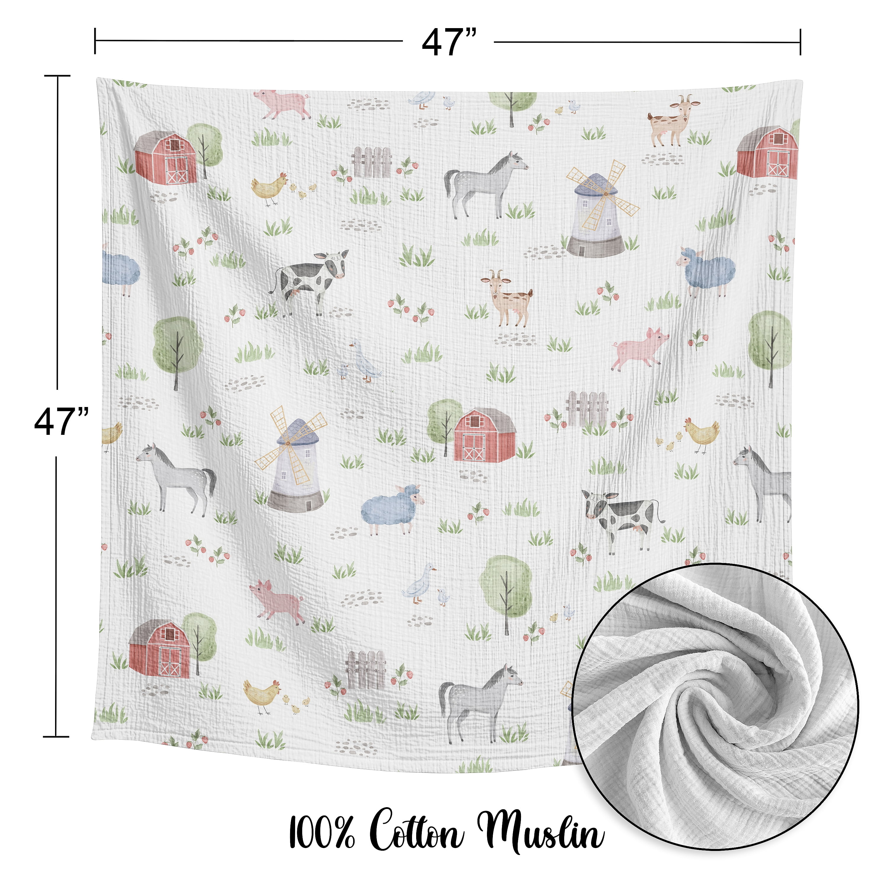 Sweet Jojo Designs Farm Animals Boy, Girl, Unisex/Gender Neutral 100% Cotton Muslin Baby Swaddle Receiving Blanket