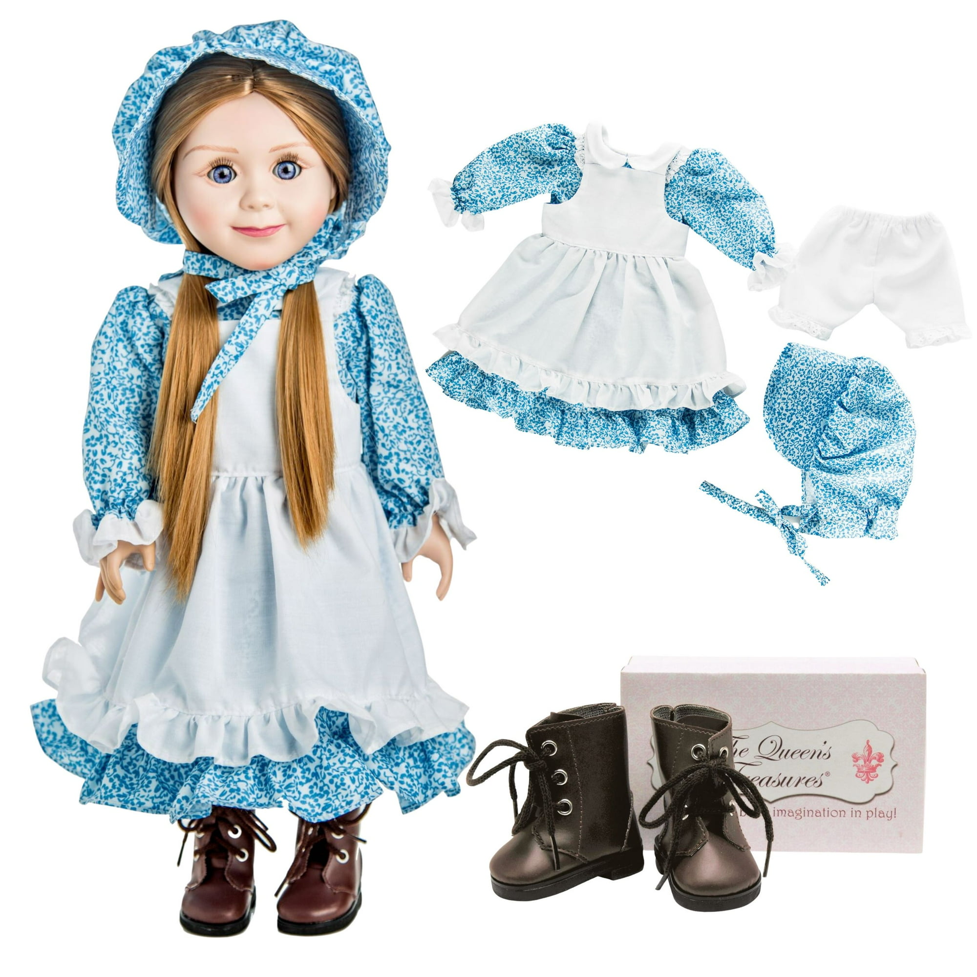 The Queen s Treasures 18 Inch Doll Clothes and Shoes Little House on The Prairie 5 pc Blue Calico Dress with Bonnet Apron Pantaloons and Lace Up