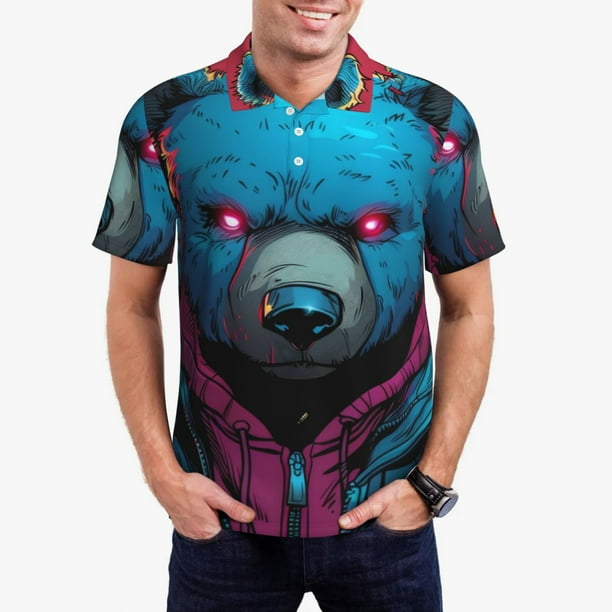 Fotbe Neon Cyberpunk Blue Bear Camiseta Polo de Golf para Hombre con Estampado – Camisa Deportiva Transpirable con Cuello Abotonado-3X-Large