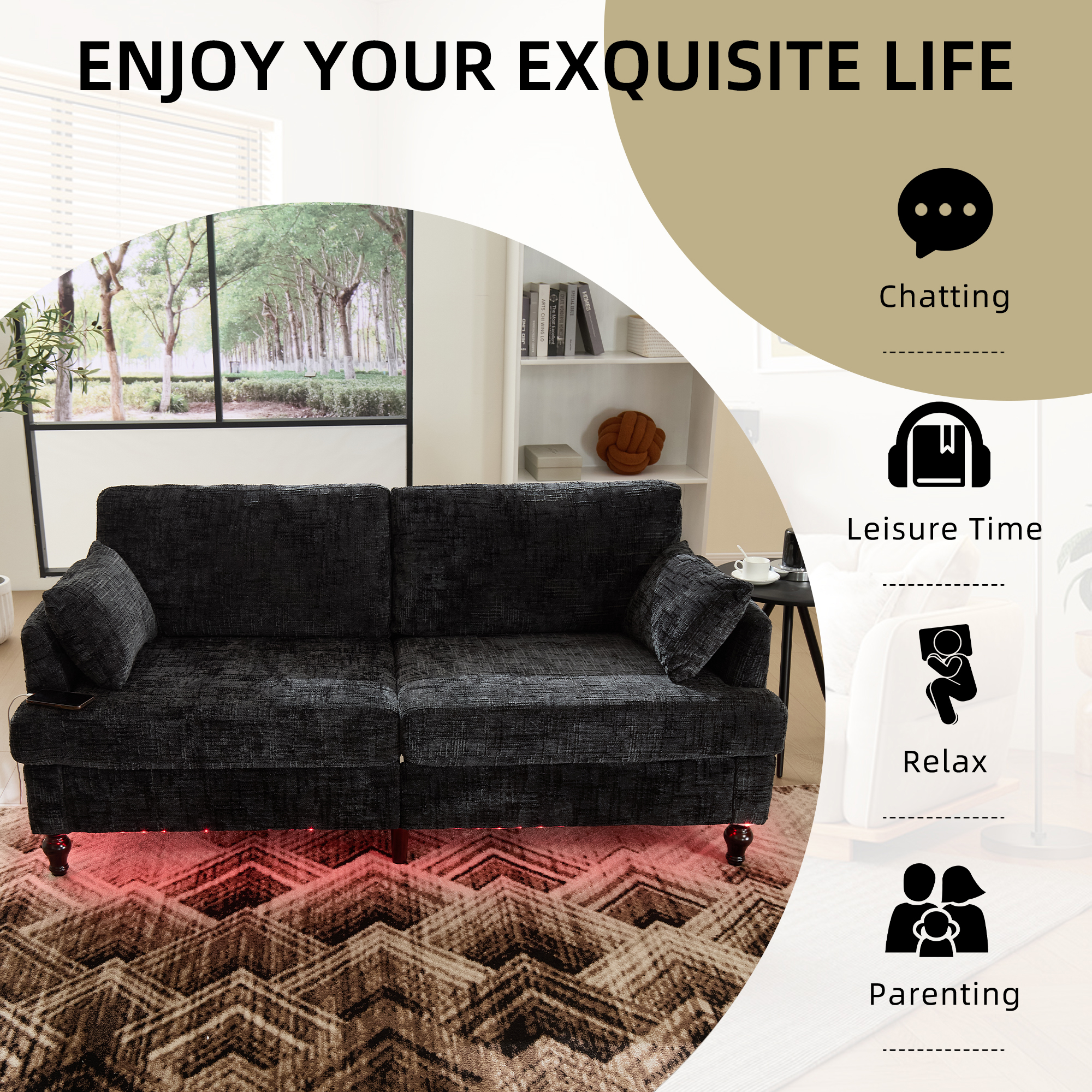 MOONMISS Chenille Upholstered Mid Century Modern Wood Frame Loveseats Sofa with LED light,USB and Side Pocket-Black