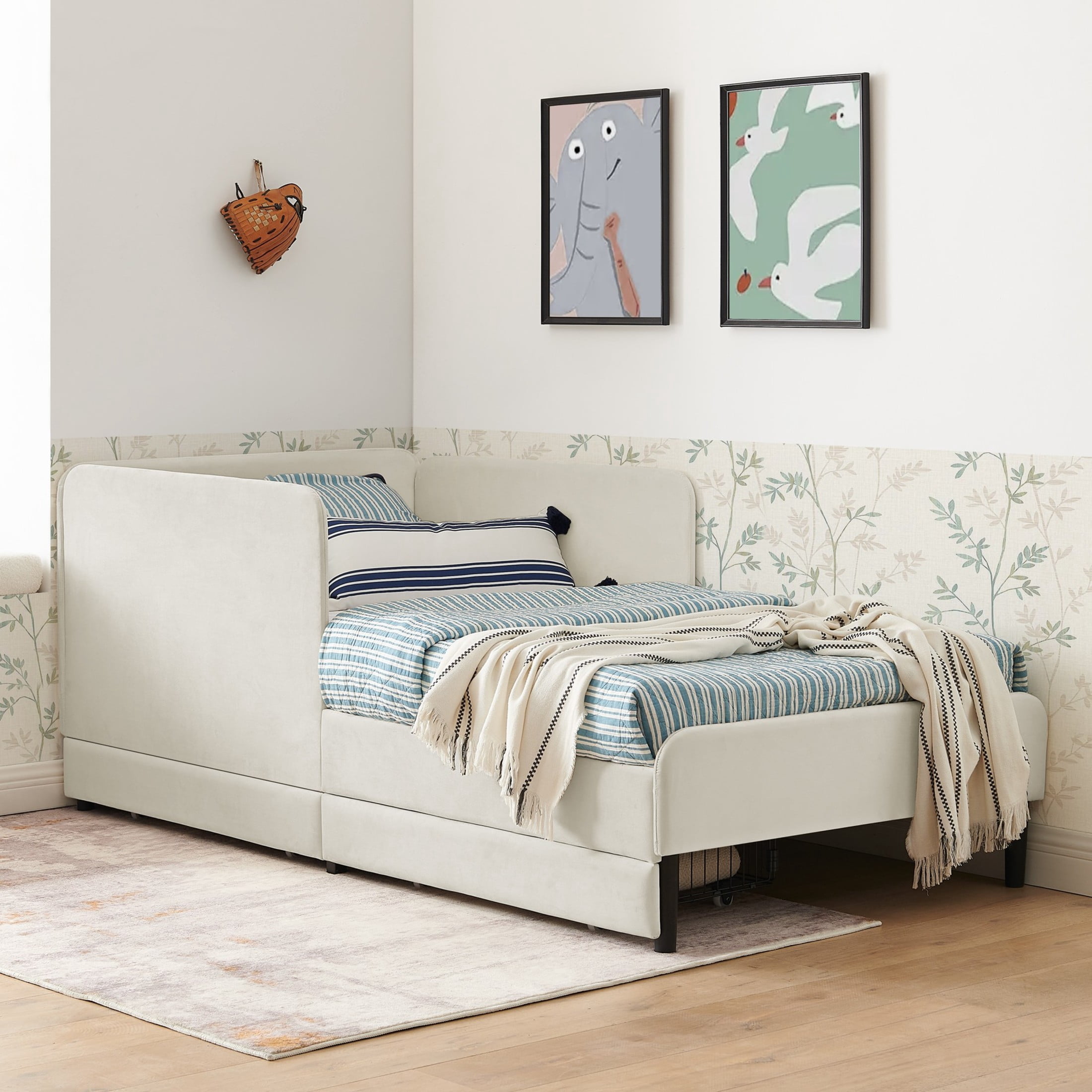 Noble House Haylie Twin Size Velvet Upholstered Daybed with Storage Drawers, Adjustable Daybed Sleeper Sofa, Beige
