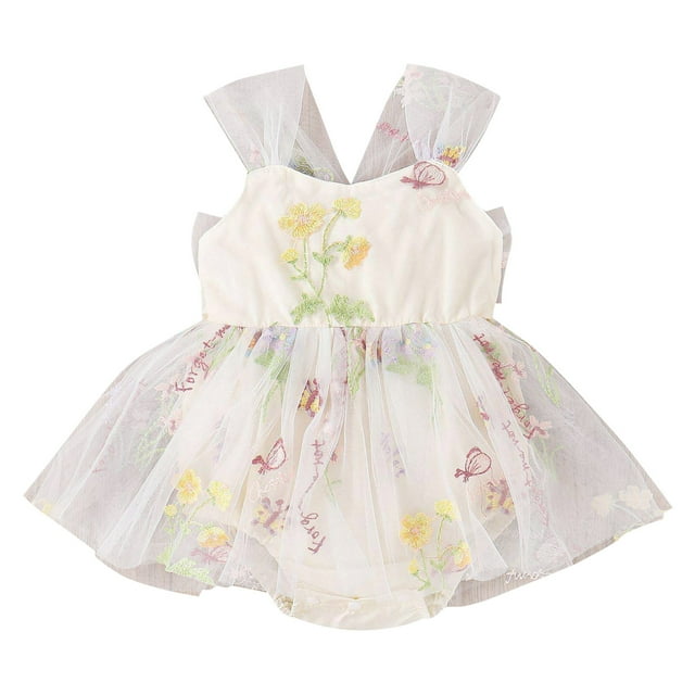 MIASHUI Barboteuse Robe Tutu en Maille Sans Manches à Broderie Florale pour Filles, Beige, 3-6 Mois
