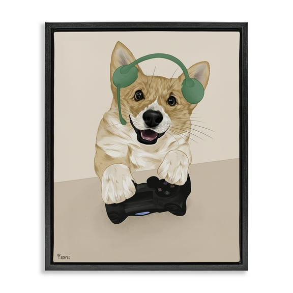 Stupell Industries Happy Gamer Dog Animals & Insects Painting Black Floater Framed Art Print Wall Art, 17 x 21