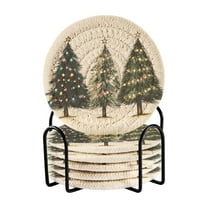 Yayeee 6 PCS Drink Coasters with Holder Set Woven Absorbent Round Tabletop Hot Pad, Cartoon Christmas Trees