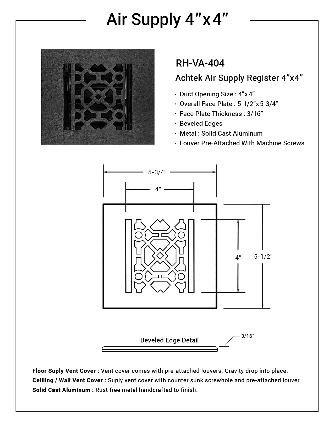 Achtek Air Supply Vent 4"x 4" Duct Opening (Overall 5-1/2"x 5-3/4") Solid Cast Aluminum Register Cover | Powder Coated