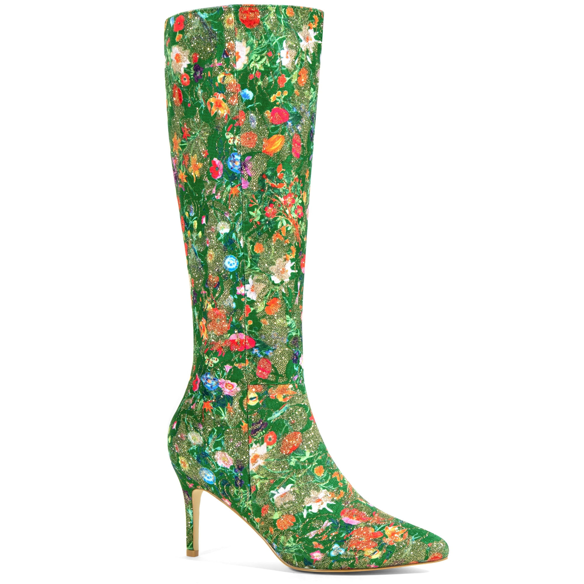 Unique Bargains Glitter Sequin Lace Stiletto Heel Knee High Boots for Women Green Size 9