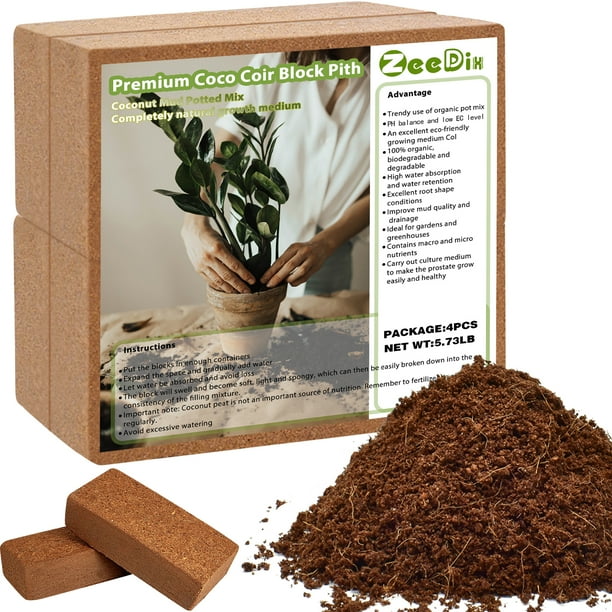 ZeeDix 4 Pcs Premium Coco Coir Brick 100 Organic Compressed Coconut