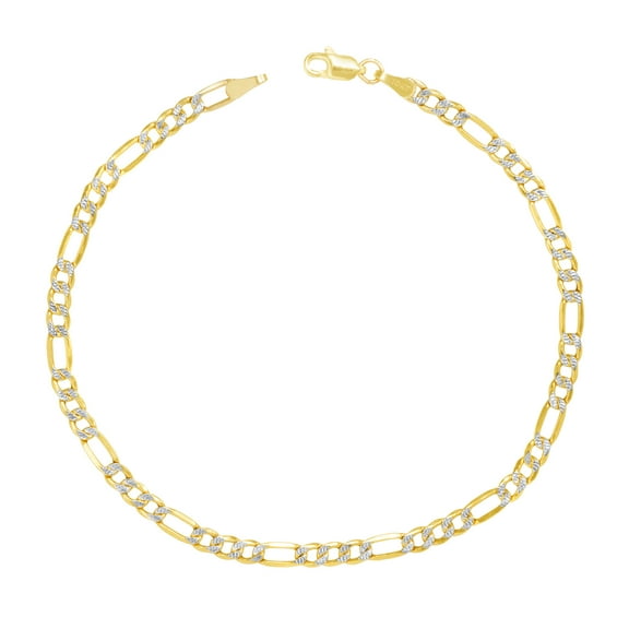 Nuragold 10k Real Yellow Gold Solid Figaro Link 4mm Diamond Cut Pave Chain Bracelet (7"-9") Two Tone Italian Jewelry for Men & Women
