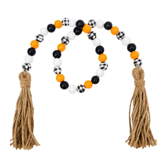 Halloween Wooden Bead Garland, Rustic Farmhouse Bead Garland Beaded Tiered Tray Decor Prayer Bead Wall Hanging Decor with Pumpkin Tags and Linen Tassels for Halloween Decor