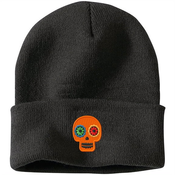 Vergiac Day of the Dead Embroidered Heavyweight Acrylic Knit Beanie, Unisex High Stretch Winter Skull Cap, Perfect Novelty Gift for Men & Women
